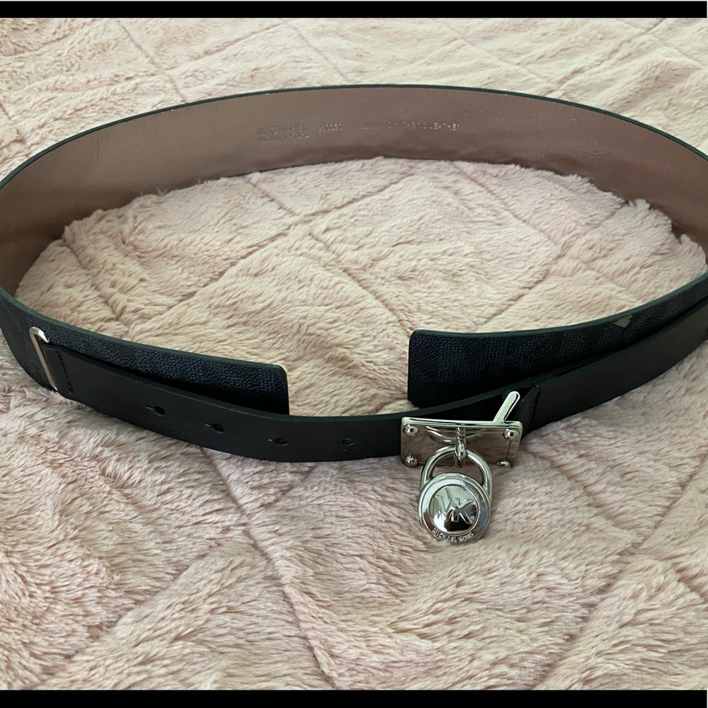 Michael Kors wide belt black with signature logo and silver buckle and hardware